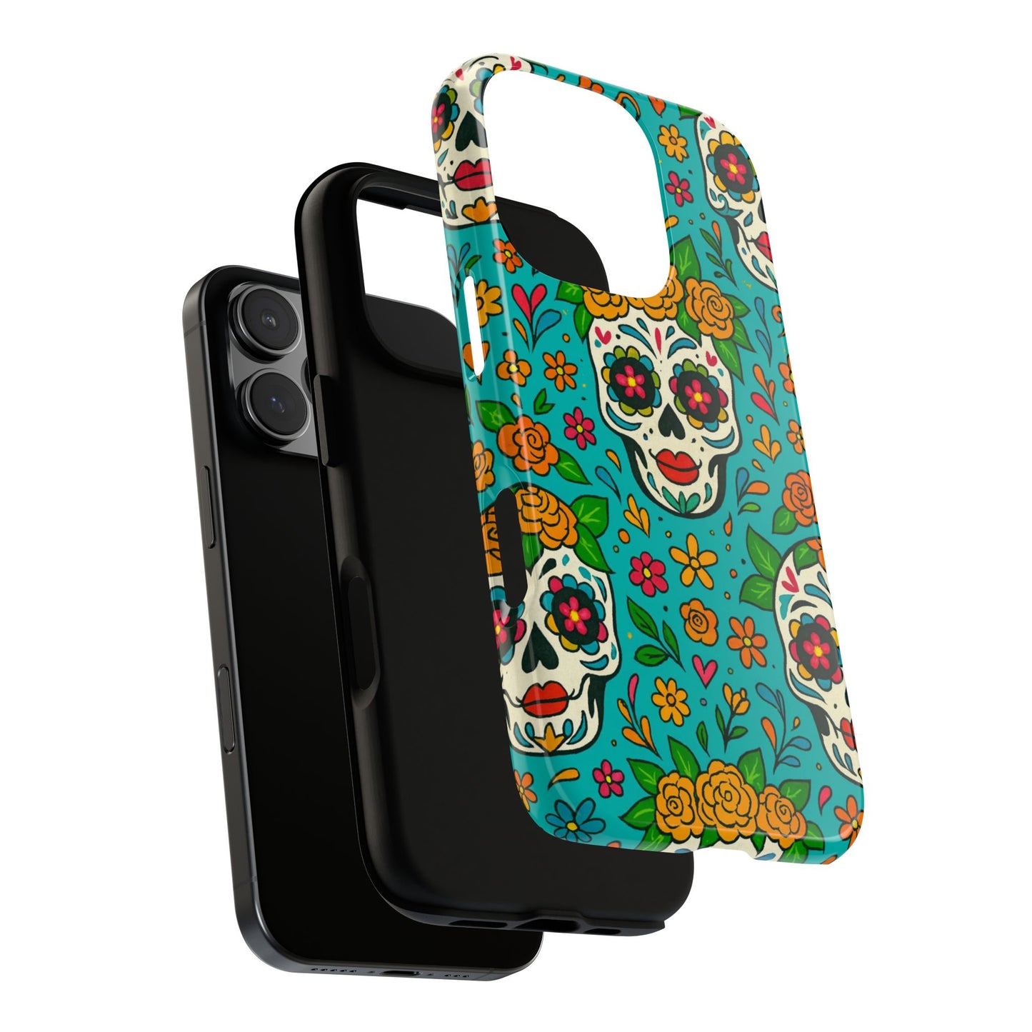 Teal Mexican Style Phone Cases With Floral Skulls - Dia De Los Muertos