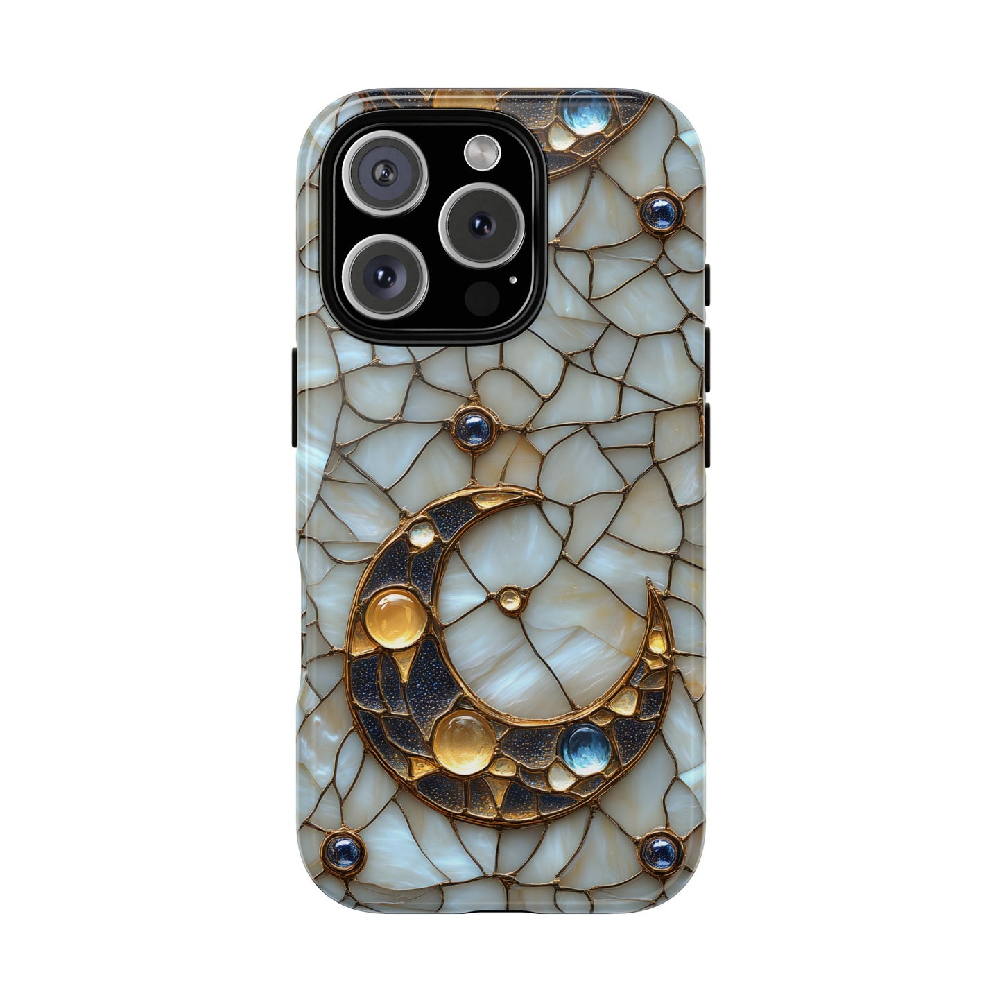 Celestial Phone Case – White Stained Glass & Gold Moon Design