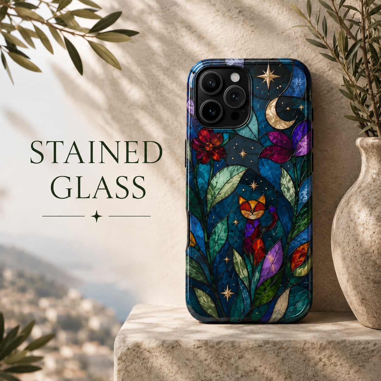 whimsical stained glass phone cases celestial botanical with animals cats dogs pets