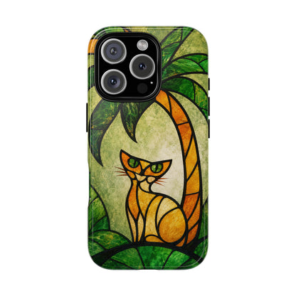 Orange Cat Stained Glass Phone Case – Tropical Palm Tree Art Nouveau Tough Case
