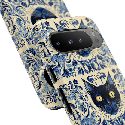 Tough Phone Cases - Mediterranean Tile Motif With Blue Cats