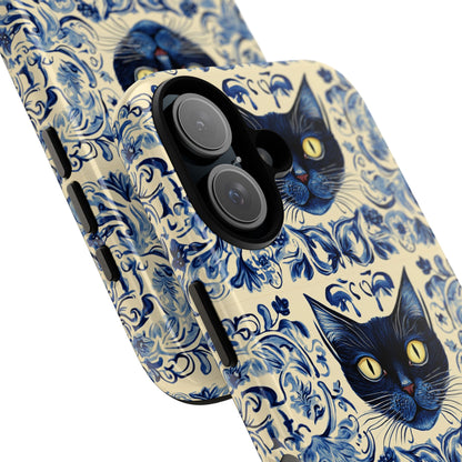 Tough Phone Cases - Mediterranean Tile Motif With Blue Cats
