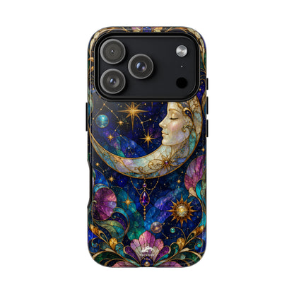 Celestial Crescent Moon Phone Case, Whimsical Stained Glass Art Nouveau Cover, Mystic Galaxy iPhone Samsung Galaxy Case, Cosmic Pixel Case