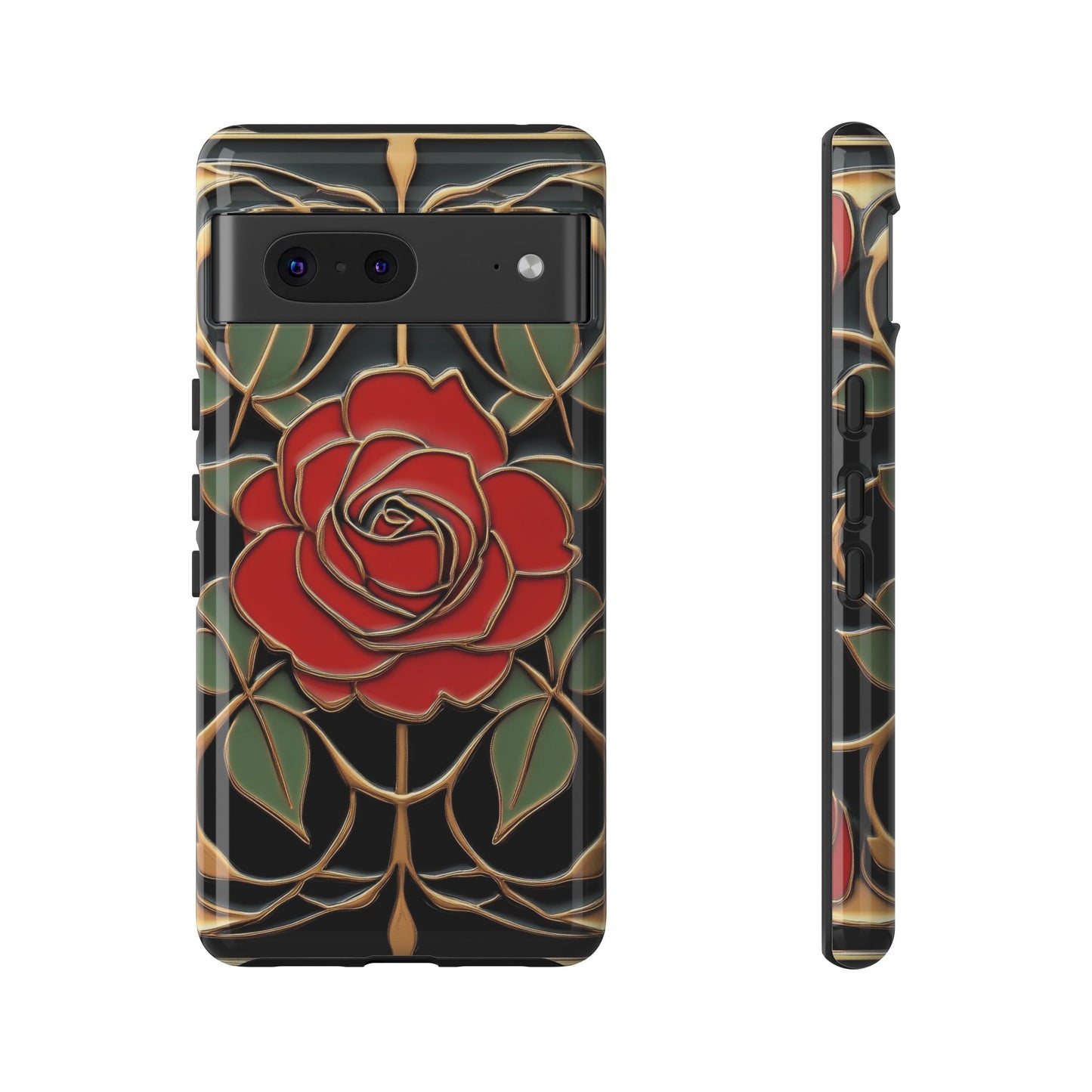Art Nouveau Red Rose Phone Case Black Gold Floral Luxury iPhone Samsung Pixel Case