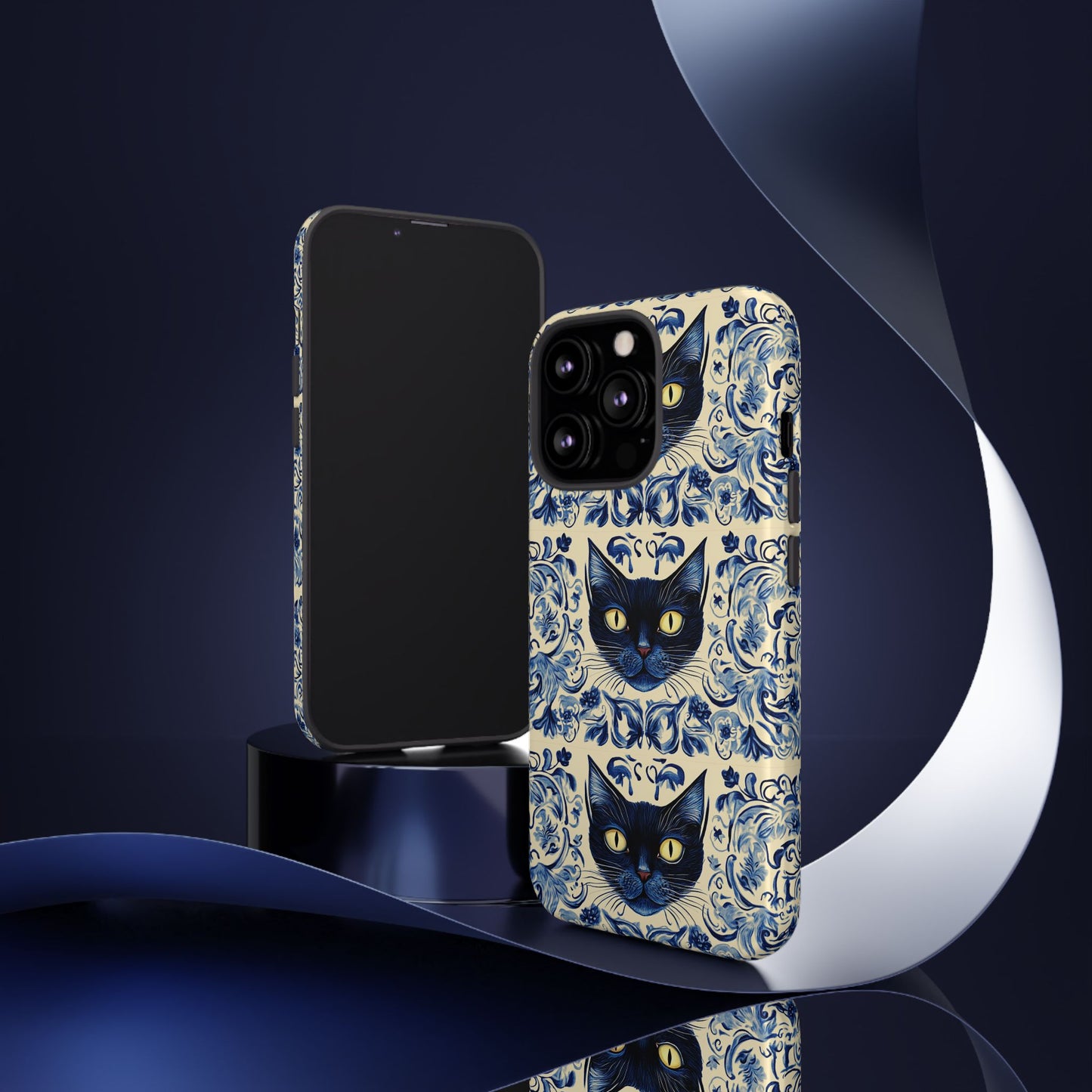 Tough Phone Cases - Mediterranean Tile Motif With Blue Cats