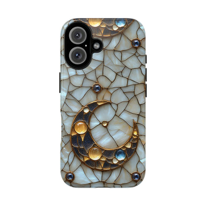 Celestial Phone Case – White Stained Glass & Gold Moon Design