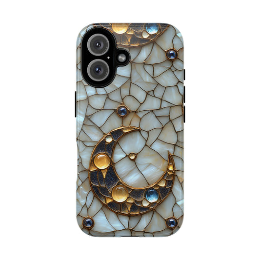 Celestial Phone Case – White Stained Glass & Gold Moon Design