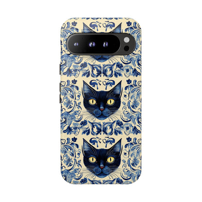 Tough Phone Cases - Mediterranean Tile Motif With Blue Cats