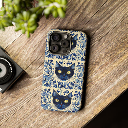 Tough Phone Cases - Mediterranean Tile Motif With Blue Cats