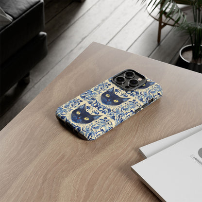 Tough Phone Cases - Mediterranean Tile Motif With Blue Cats