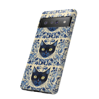 Tough Phone Cases - Mediterranean Tile Motif With Blue Cats