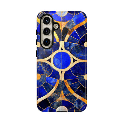 Blue Art Deco Stained Glass Phone Case Luxury Celestial Gold Pattern