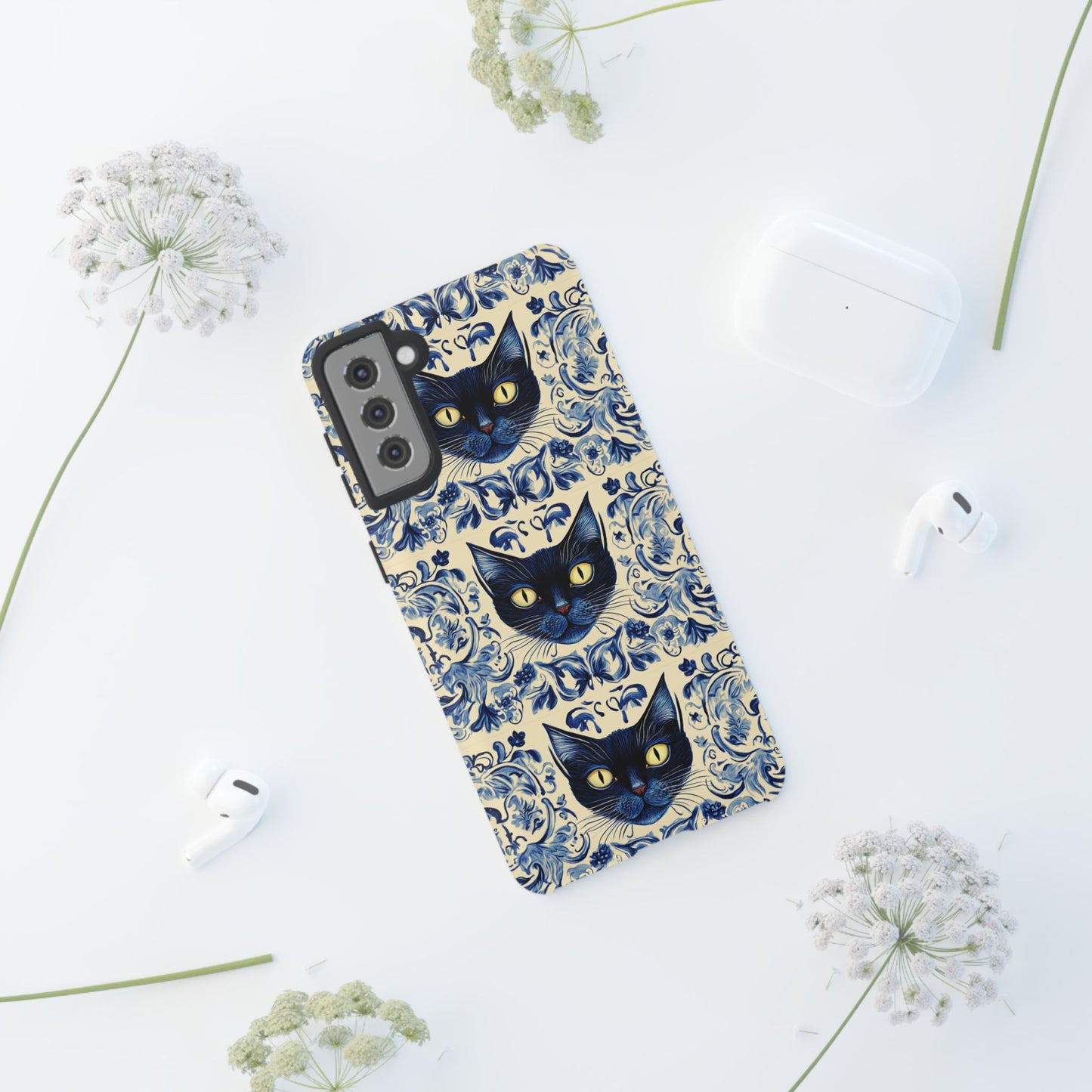 Tough Phone Cases - Mediterranean Tile Motif With Blue Cats