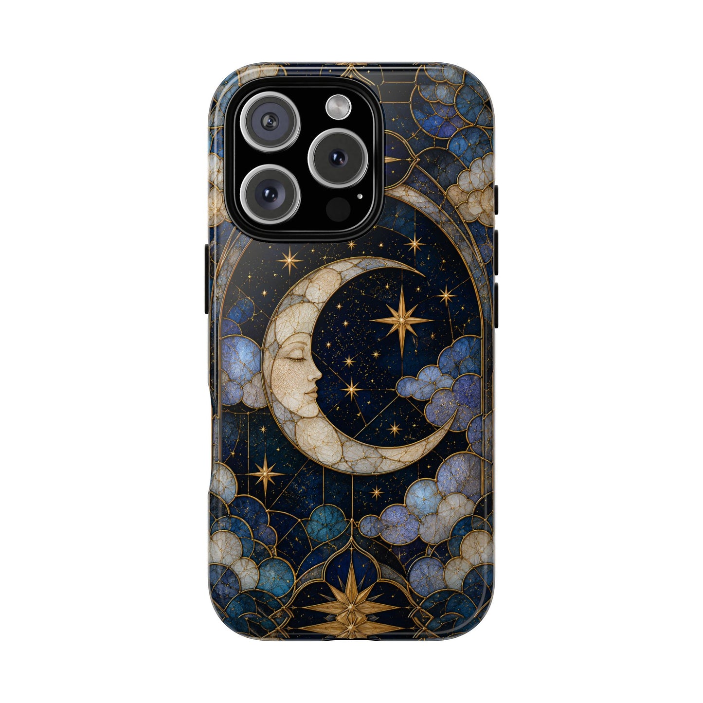 Celestial Moon Phone Case, Stained Glass Moon Case, Blue Gold Starry Night Phone Cover, Mystical Crescent Moon Case, Witchy Aesthetic Gift