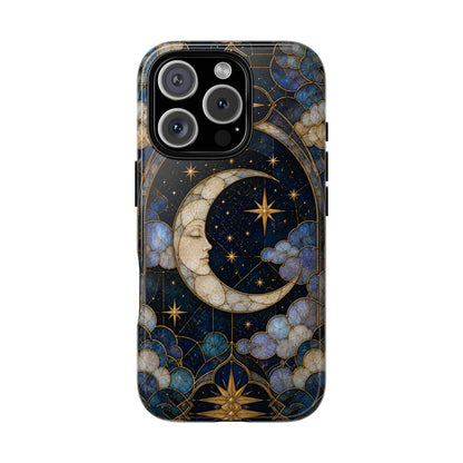 Celestial Moon Phone Case, Stained Glass Moon Case, Blue Gold Starry Night Phone Cover, Mystical Crescent Moon Case, Witchy Aesthetic Gift