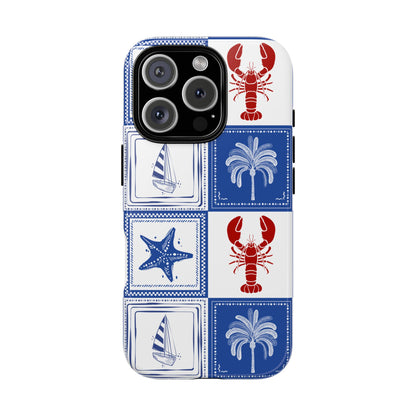 Coastal Tile Phone Case Blue White Nautical Lobster iPhone Samsung Pixel Case