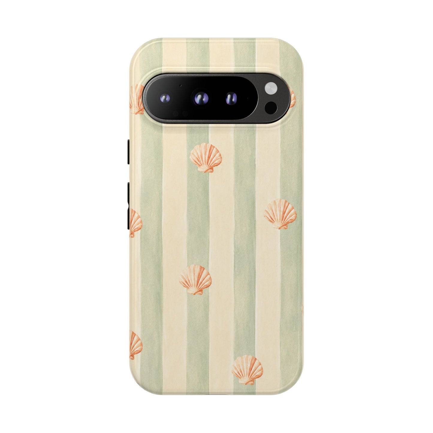 Coastal Shell Phone Case, Beach Aesthetic Tough Case, Summer Seashell iPhone Case, Sage Green Stripe Phone Cover,