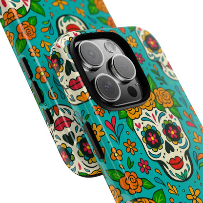 Teal Mexican Style Phone Cases With Floral Skulls - Dia De Los Muertos
