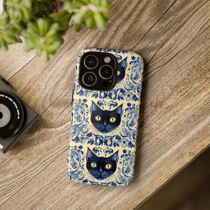 Tough Phone Cases - Mediterranean Tile Motif With Blue Cats