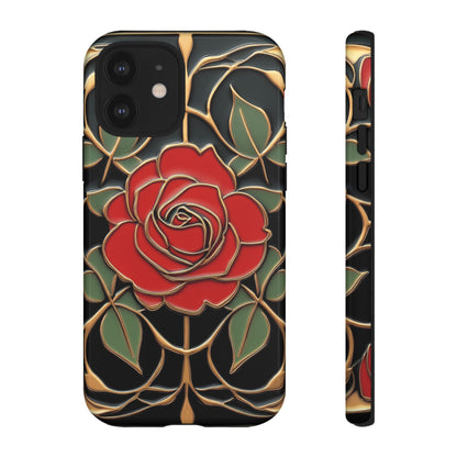 Art Nouveau Red Rose Phone Case Black Gold Floral Luxury iPhone Samsung Pixel Case