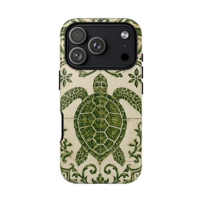 Green Azulejo Sea Turtle Phone Case | Portuguese Tile Coastal iPhone & Samsung Case