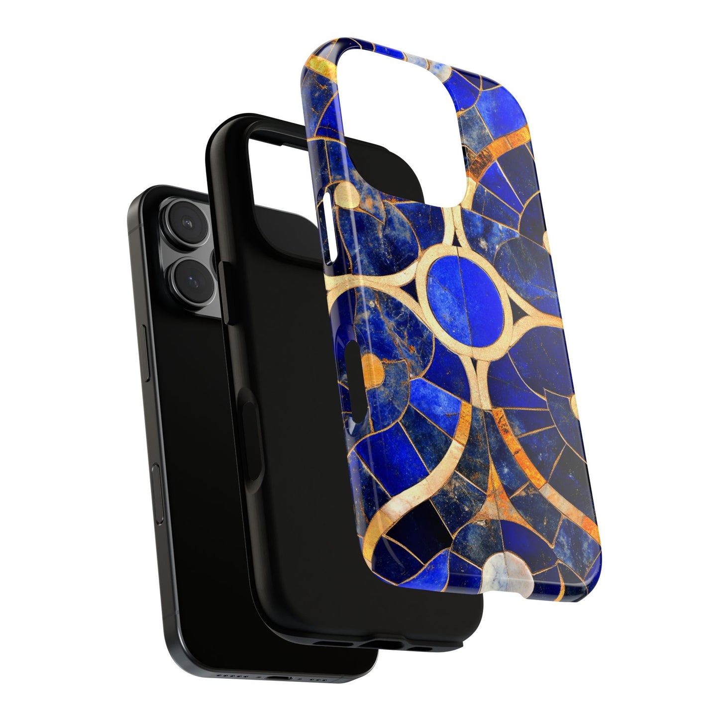 Blue Art Deco Stained Glass Phone Case Luxury Celestial Gold Pattern