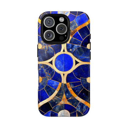 Blue Art Deco Stained Glass Phone Case Luxury Celestial Gold Pattern