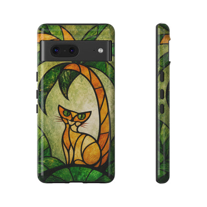 Orange Cat Stained Glass Phone Case – Tropical Palm Tree Art Nouveau Tough Case
