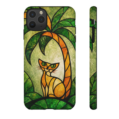 Orange Cat Stained Glass Phone Case – Tropical Palm Tree Art Nouveau Tough Case