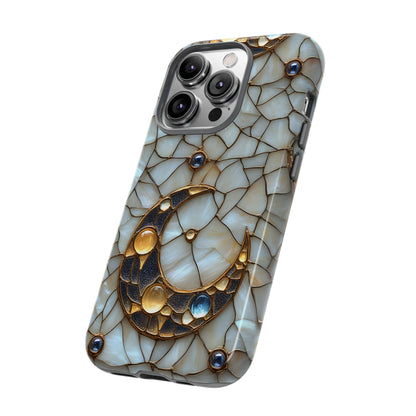 Celestial Phone Case – White Stained Glass & Gold Moon Design