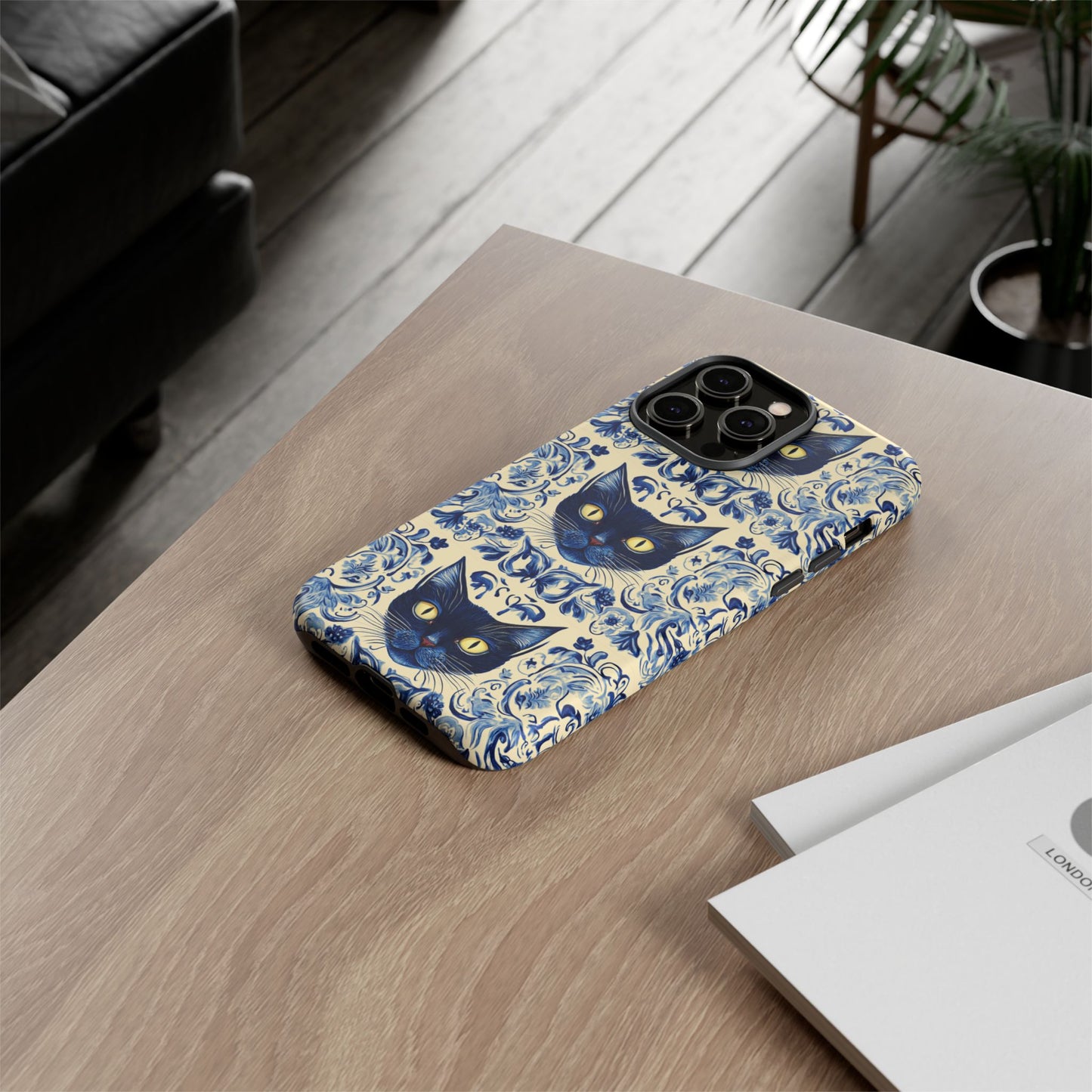 Tough Phone Cases - Mediterranean Tile Motif With Blue Cats