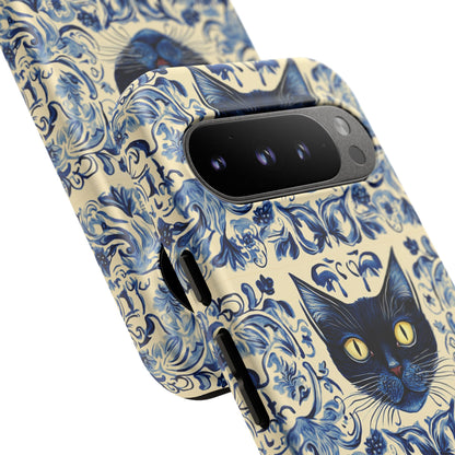 Tough Phone Cases - Mediterranean Tile Motif With Blue Cats