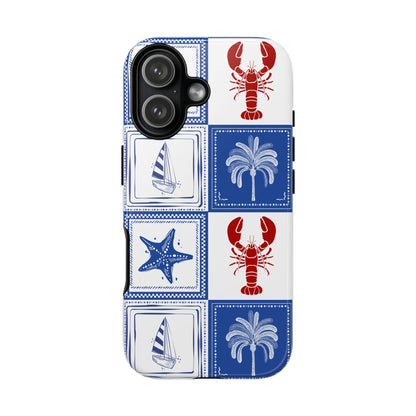 Coastal Tile Phone Case Blue White Nautical Lobster iPhone Samsung Pixel Case