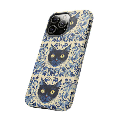 Tough Phone Cases - Mediterranean Tile Motif With Blue Cats