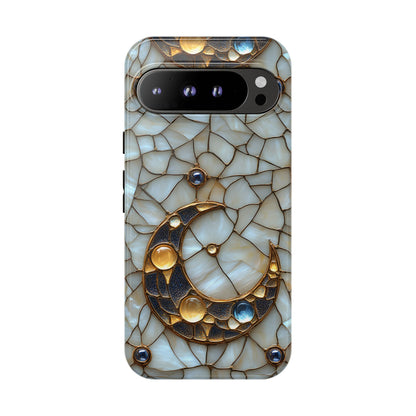 Celestial Phone Case – White Stained Glass & Gold Moon Design