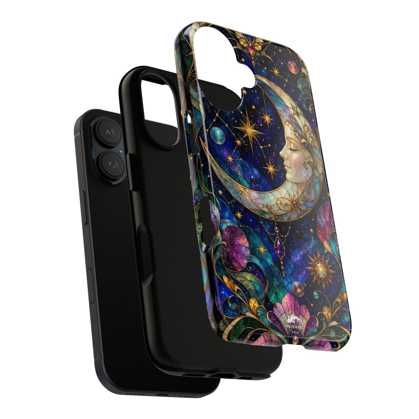 Celestial Crescent Moon Phone Case, Whimsical Stained Glass Art Nouveau Cover, Mystic Galaxy iPhone Samsung Galaxy Case, Cosmic Pixel Case