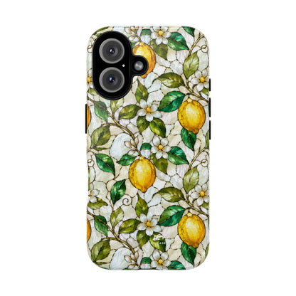 Stained Glass Lemon Phone Case, Citrus Botanical iPhone Case, Coastal Mediterranean Summer Fruits Floral Case, Art Nouveau Tough Cover
