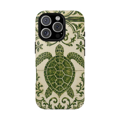 Green Azulejo Sea Turtle Phone Case | Portuguese Tile Coastal iPhone & Samsung Case