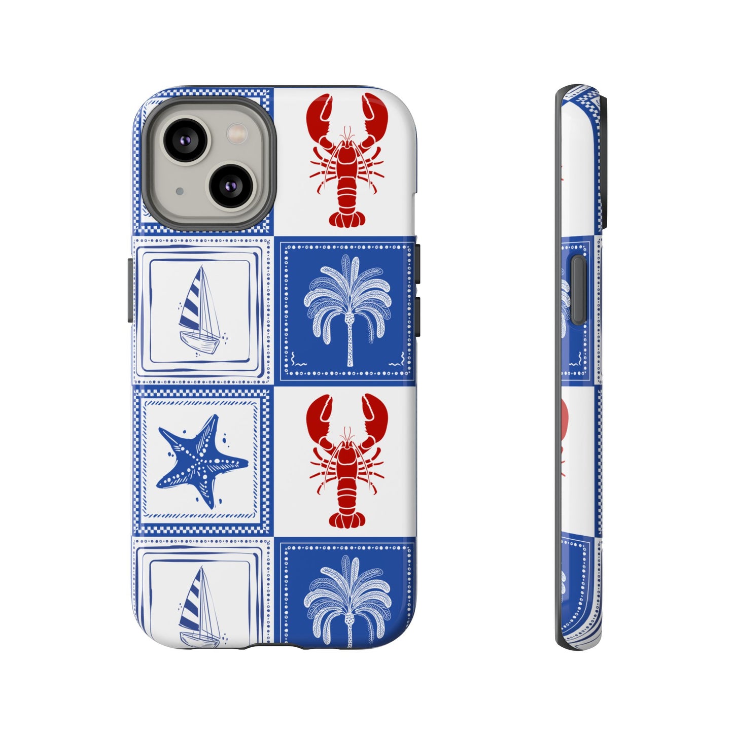 Coastal Tile Phone Case Blue White Nautical Lobster iPhone Samsung Pixel Case