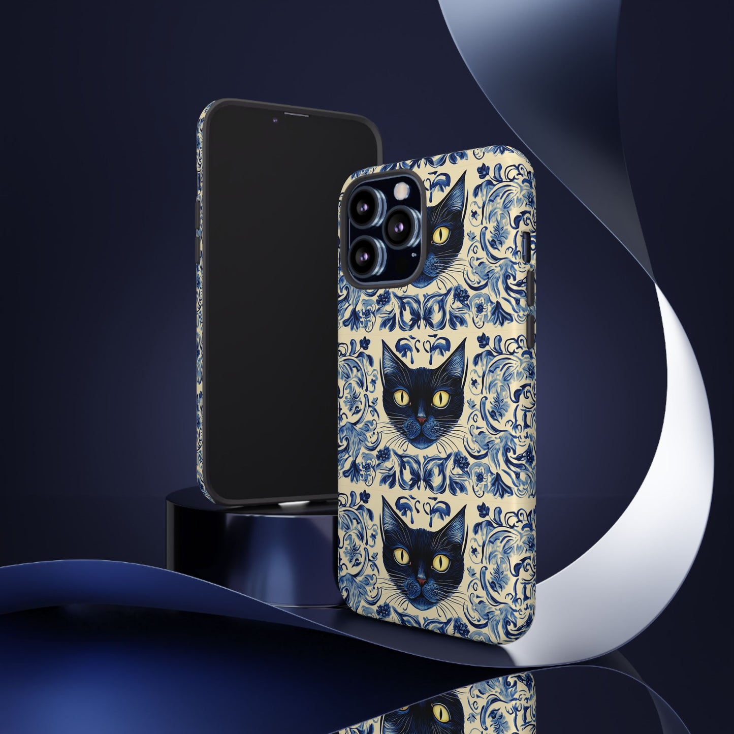 Tough Phone Cases - Mediterranean Tile Motif With Blue Cats