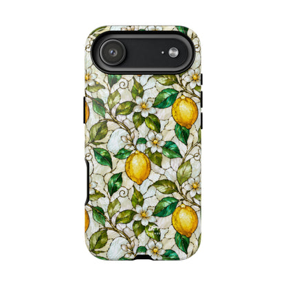 Stained Glass Lemon Phone Case, Citrus Botanical iPhone Case, Coastal Mediterranean Summer Fruits Floral Case, Art Nouveau Tough Cover
