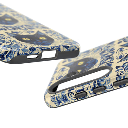 Tough Phone Cases - Mediterranean Tile Motif With Blue Cats