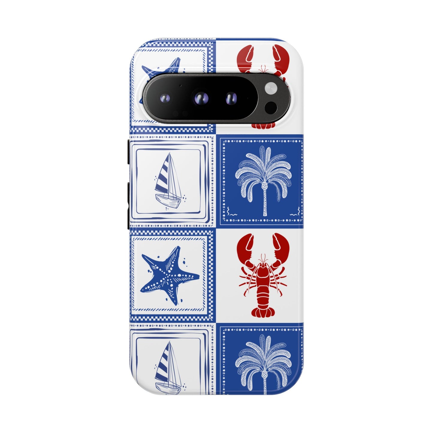 Coastal Tile Phone Case Blue White Nautical Lobster iPhone Samsung Pixel Case