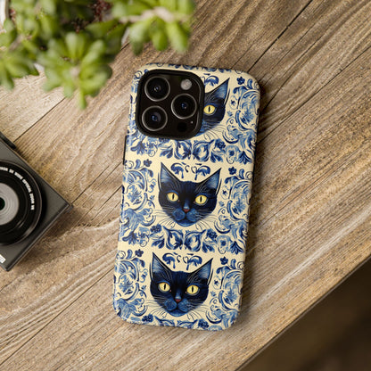Tough Phone Cases - Mediterranean Tile Motif With Blue Cats