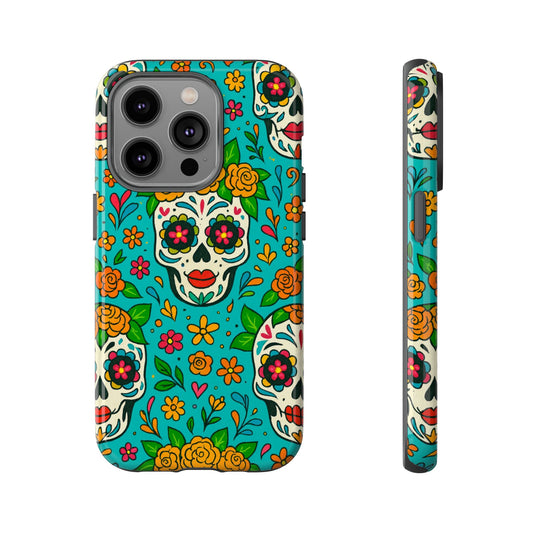 Teal Mexican Style Phone Cases With Floral Skulls - Dia De Los Muertos