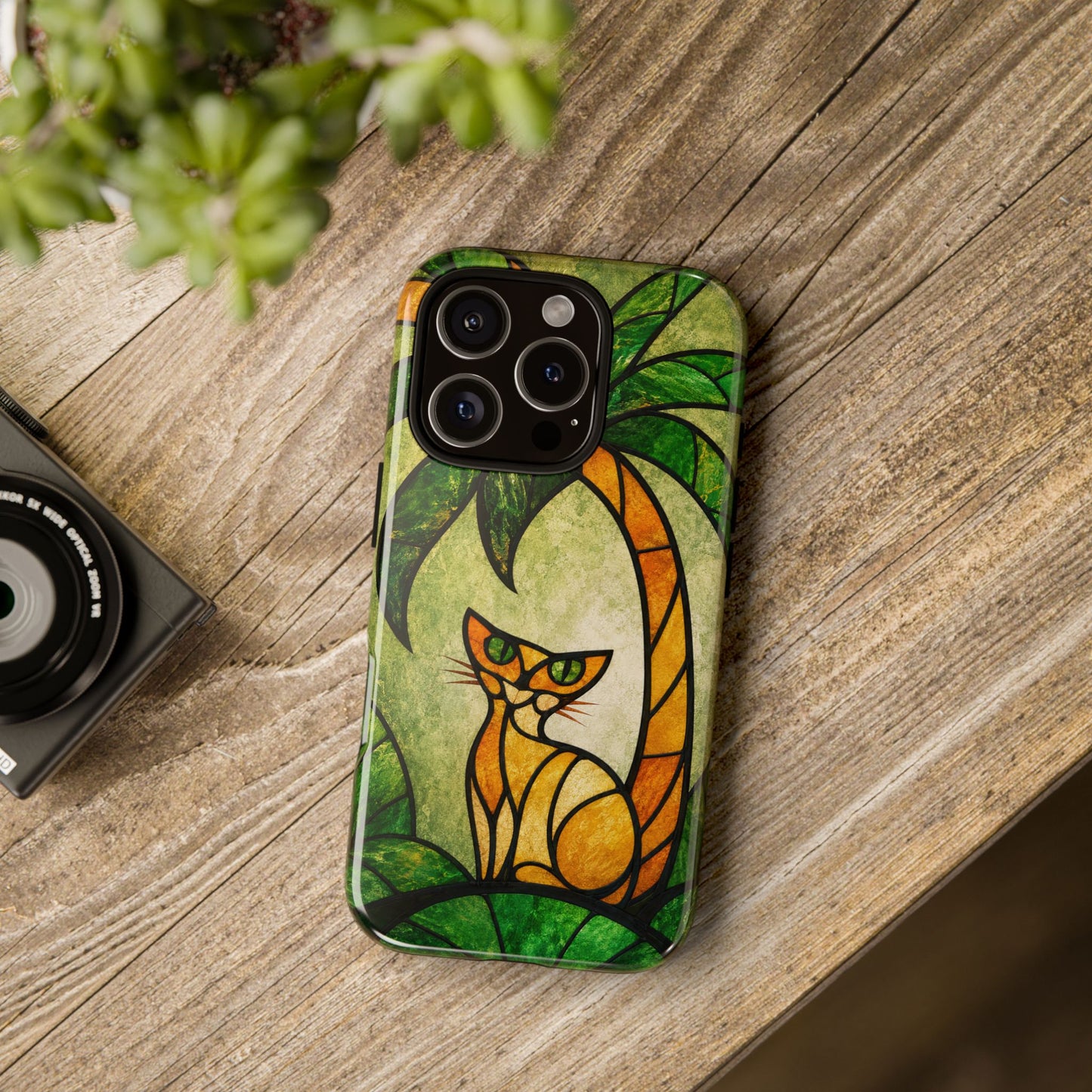 Orange Cat Stained Glass Phone Case – Tropical Palm Tree Art Nouveau Tough Case