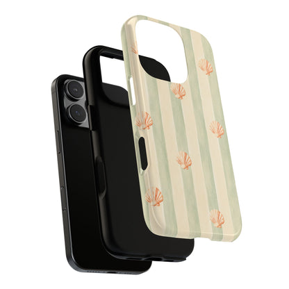 Coastal Shell Phone Case, Beach Aesthetic Tough Case, Summer Seashell iPhone Case, Sage Green Stripe Phone Cover,
