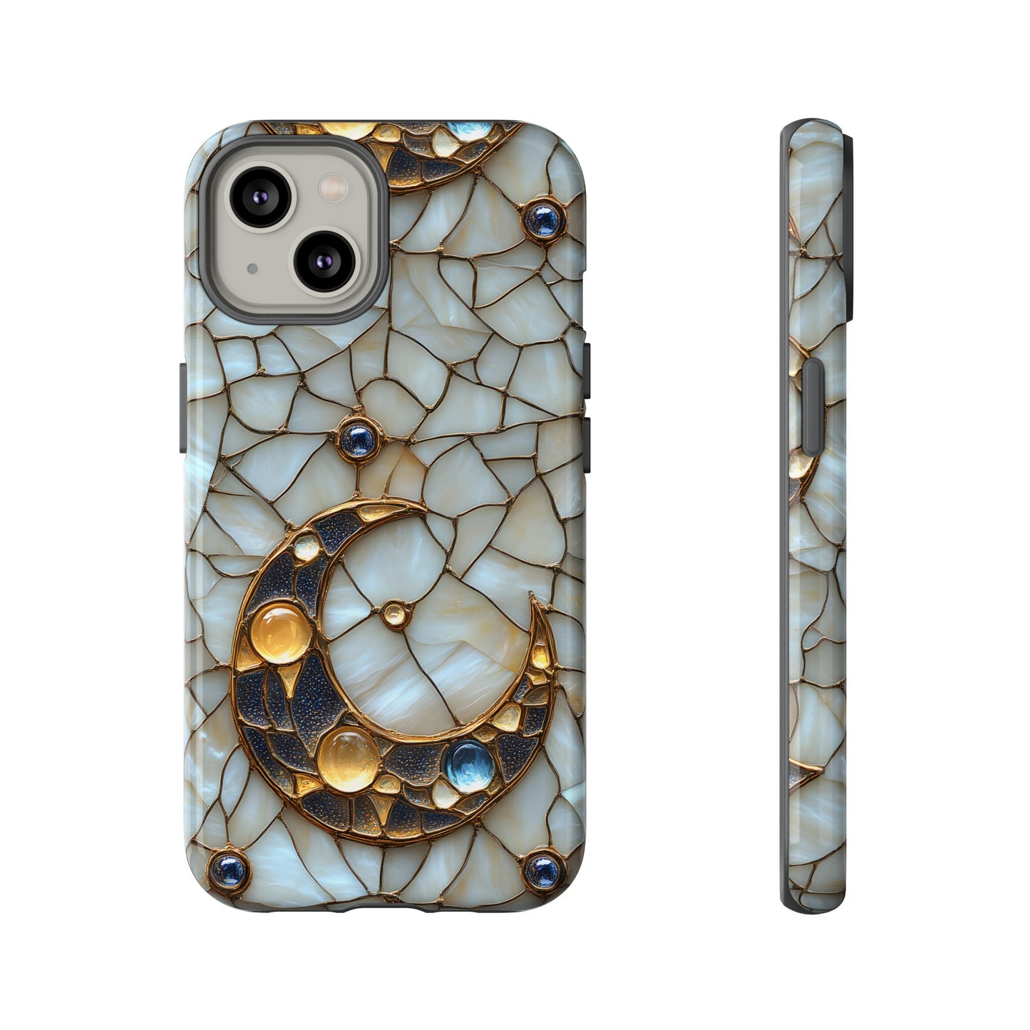 Celestial Phone Case – White Stained Glass & Gold Moon Design