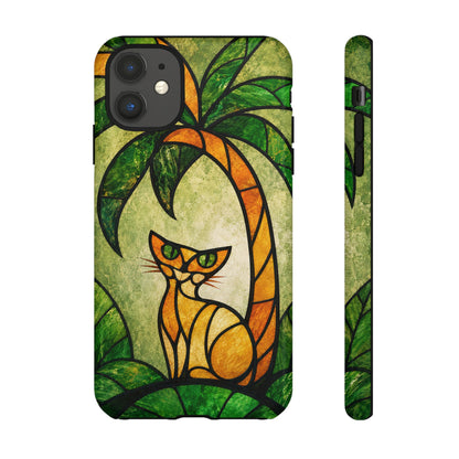 Orange Cat Stained Glass Phone Case – Tropical Palm Tree Art Nouveau Tough Case