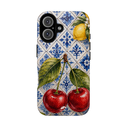 Cherry Phone Case, Portuguese Tile iPhone Case, Mediterranean Fruit Cover, Azulejo Samsung Galaxy Case, Botanical Pixel Case